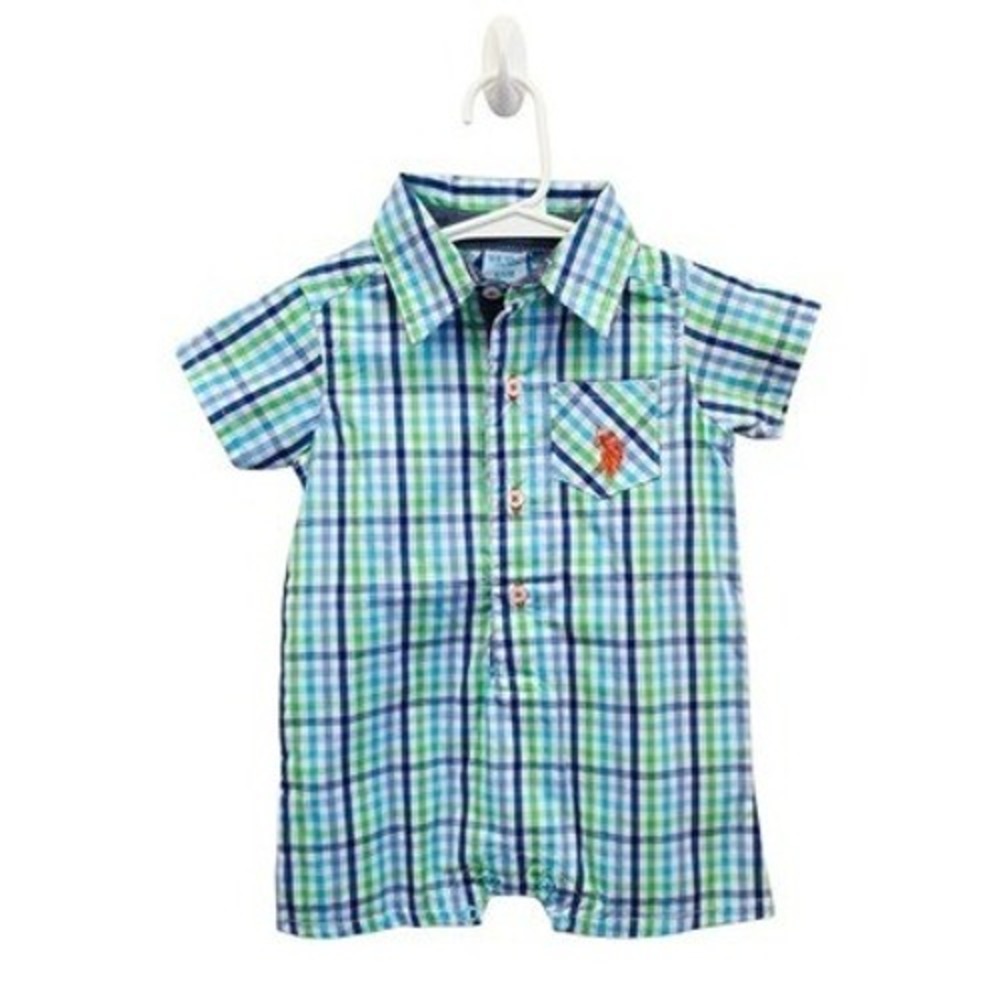 U.S. Polo Assn Baby Boy Plaid Button Up Romper 6/9M